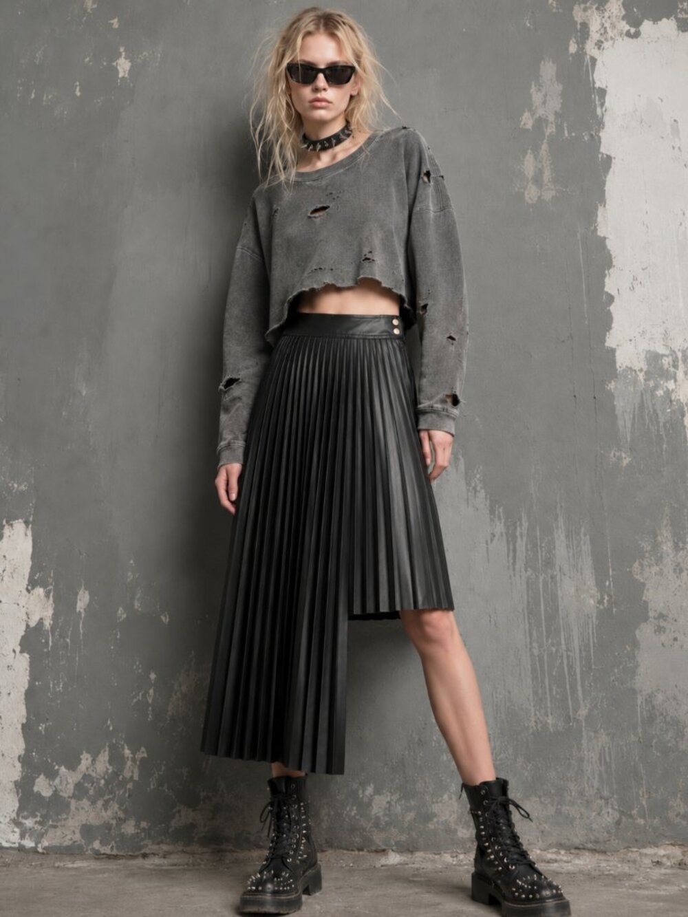 Asymmetric Pleated Faux Leather Black Midi S Skirt Y2K Academia Grunge